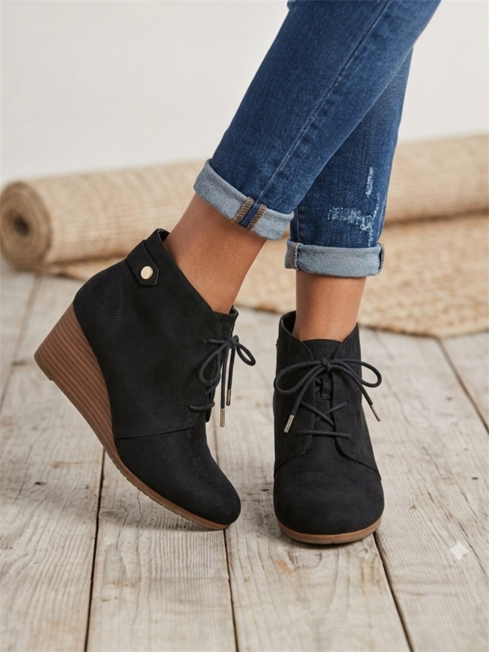 Dr. Scholl's Dakota Black Faux Suede Lace-Up Wedge Ankle Booties - Size 9